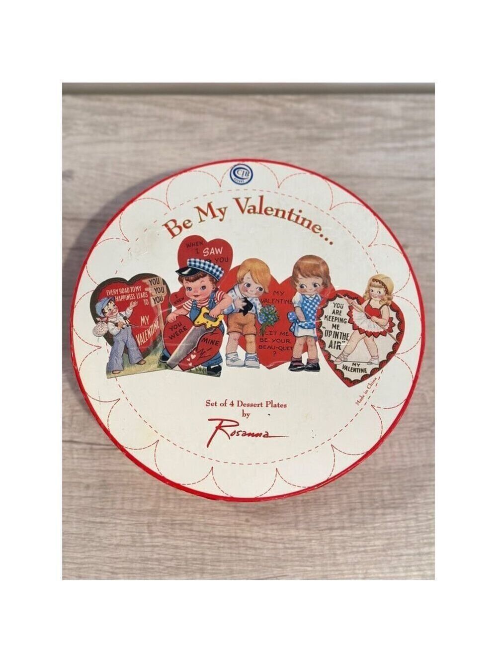 Vintage Rosanna Valentine Dessert Plates Set 4 Red Rim Retro Heart Design 8 in